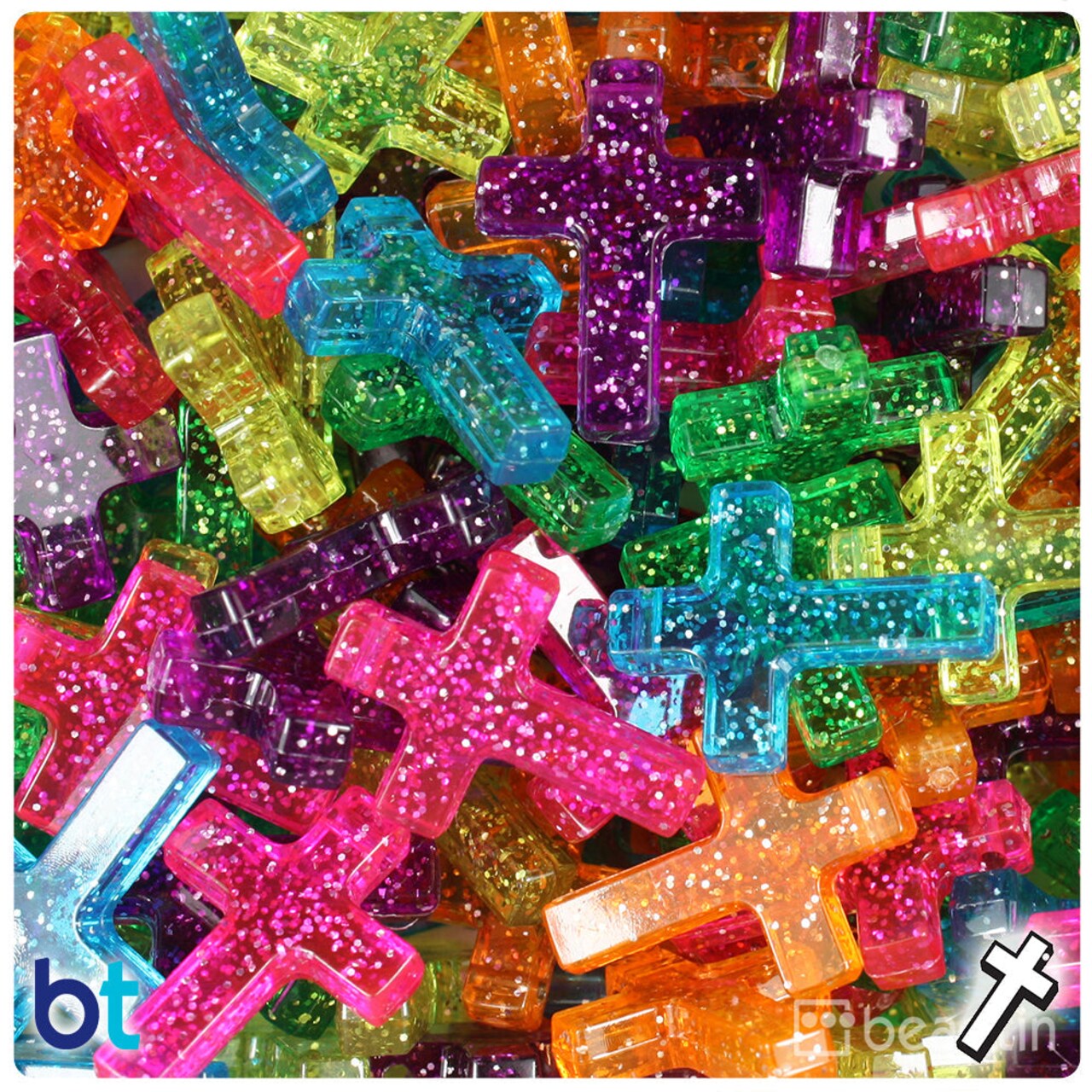 BeadTin Jelly Mix Sparkle 26mm Fashion Cross Plastic Craft Beads Pendants (40pcs)